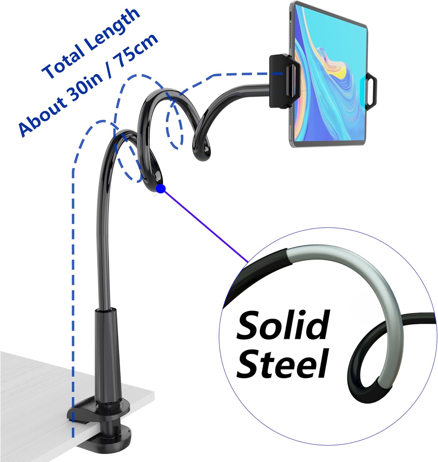 Tablet Stand Holder, Mount Holder Clip with Grip Flexible Long Arm Gooseneck Compatible with Ipad Iphone/Nintendo Switch/Samsung Galaxy Tabs/Amazon Kindle Fire HD - Black